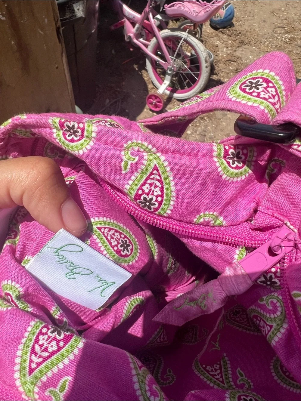 Vera Bradley Pink Paisley quilted crossbody bremuda bag  with green accents/ pin